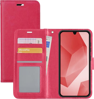 Hoesje - Met Pasjeshouder - Geschikt voor Samsung Galaxy A16 - Luxe Bookcase Portemonee - Flip Case - Kunstleer Book Case - Flipcase - Book Cover - Walletcase - Portemonneehoes - Donkerroze