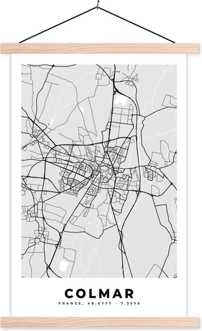 Posterhanger incl. Poster 40x60 cm - Schoolplaat - Frankrijk - Plattegrond - Kaart - Colmar - Stadskaart - Textielposter - Blanke latten - Stadskaart