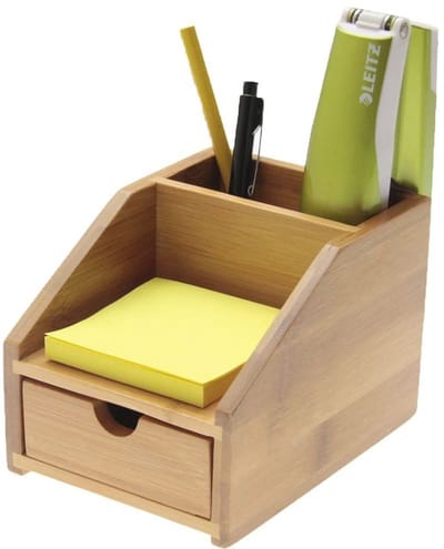 Compacte bureau organizer voor briefpapier met lade van natuurlijk bamboe