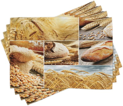ABAKUHAUS Oogst-placematten, brood- en tarwemotief, tafelversiering van kleurvaste stof, voor eetkamer en keuken, aardgeel-bruin