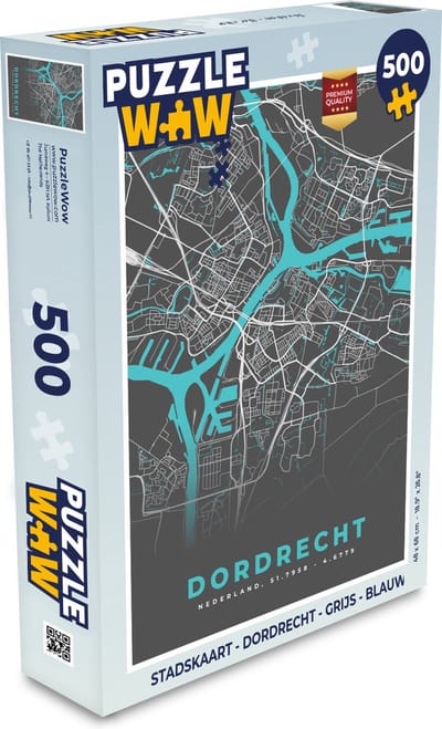 Puzzel Stadskaart - Dordrecht - Grijs - Blauw - Legpuzzel - Puzzel 500 stukjes - Plattegrond