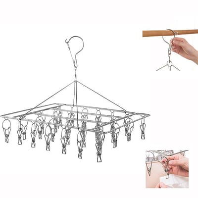Sokkenhanger van roestvrij staal - Metalen sokkenhaken - Winddichte kledinghanger - Kledinghanger - Opbergrek - Clips - Met 30 clips - 360° draaibaar - Geschikt voor het drogen van sokken, kleine kledingstukken, enz. - Zilver