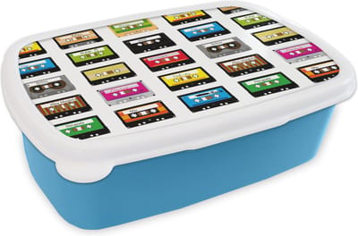Broodtrommel Blauw - Lunchbox - Brooddoos - Patronen - Cassettebandjes - Muziek - 18x12x6 cm - Kinderen - Jongen