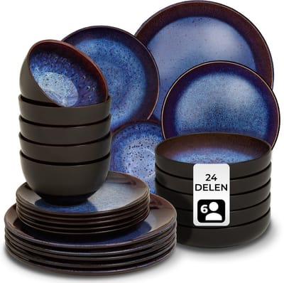 tectake® Serviesset Mare - 24-delig - Aardewerk met Glanzend Glazuur - 6 Persoons - Handgemaakt Servies - Moderne Bordenset met Grote en Kleine Borden, Kommen, Schaaltjes - Vaatwasser- en Magnetronbestendig - Blauw - Bruin
