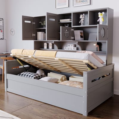 DESMIU Bed 90 x 200 cm - Slaapbankbed Met Multifunctionele Opbergruimte - Hydraulisch Opbergmechanisme - Voor Jeugd en Slaapkamer - Grenenhout - Grijs - Zonder Matras