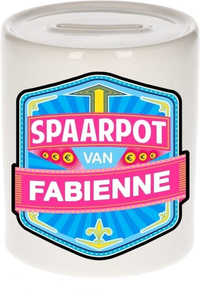 Bellatio Decorations Kinder spaarpot met naam - Fabienne - keramiek - met dop - wit - Sparen - Spaargeld van Fabienne