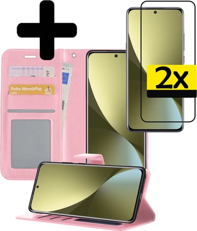 Hoesje - Met 2x Screenprotector - Geschikt voor Xiaomi 12 - Luxe Pasjeshouder - Bookcase Portemonee - Flip Case - Kunstleer Book Case - Flipcase Hoes - Book Cover - Walletcase - Portemonneehoes - Telefoonhoesjes - Lichtroze