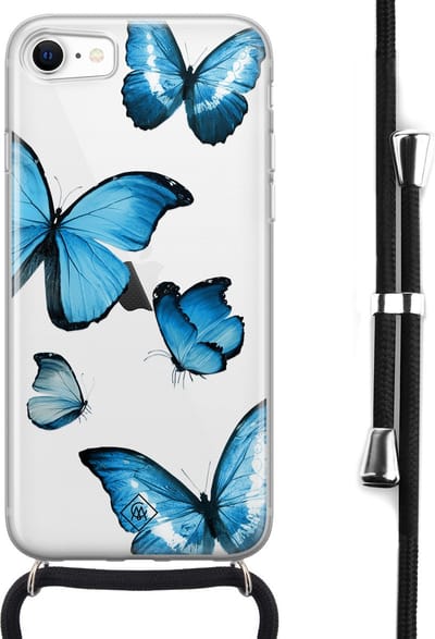 Casimoda® hoesje met koord - Geschikt voor iPhone 8 - Blauwe Vlinders - Afneembaar koord - Siliconen/TPU - Blauw