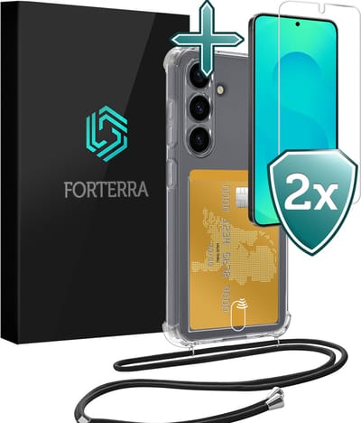 Hoesje Geschikt voor Samsung S25 FE Pashouder Case Siliconen Hoes Met Koord Met 2x Screenprotector - Hoes Geschikt voor Samsung Galaxy S25 FE Met Telefoonkoord Hoesje Back Cover Met Pasjeshouder - Transparant