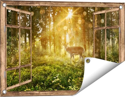 Gards Tuinposter Doorkijk Hert in Bos met Zon - 60x40 cm - Tuindoek - Tuindecoratie - Wanddecoratie buiten - Tuinschilderij
