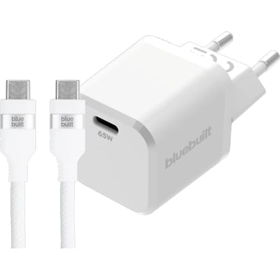 BlueBuilt 65W GaN Usb C Oplader Wit + Usb C Kabel 240W 2m Nylon Wit