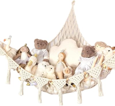 TOVBMUP Speelgoedopbergzak Boho Makramee Net - Opbergnet voor Knuffels - 106x106x142cm - Stevig Gebreid Katoenen Net met Elastische Rand - Geschikt voor Kinderkamer en Slaapkamer - Driehoekig Design, Gelijkmatige Gaatjes, Vormvast en Scheurvast
