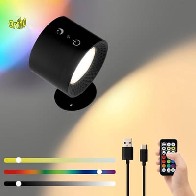 Ortho® - Oplaadbare LED Wandlamp - Nachtlampje - 360° Roterende Magnetische Bal - Timer functie - 9 RGB Kleuren én Wit Licht - USB oplaadbaar - Eventueel bevestigen zonder Schroeven - Wit & RGB licht - Zwart