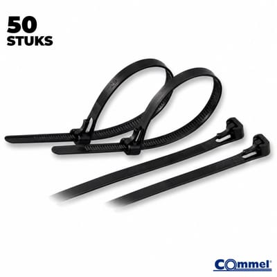 50x Commel Hersluitbaar / Herbruikbaar Kabelbinders - 250 x 7.5 mm - Zwart - Nylon - Treksterkte 22kg