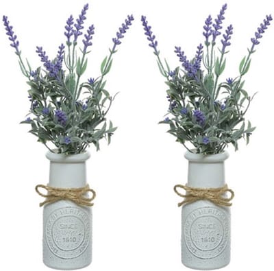 Lavendel kunstplant - 2x stuks - in witte pot - paars - H32 cm - lavandula