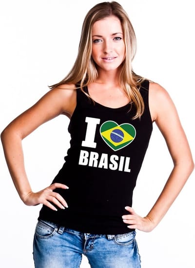Zwart I love Brazilie supporter singlet shirt/ tanktop dames - Braziliaans shirt dames S