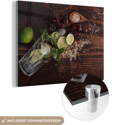 MuchoWow® Glasschilderij 120x90 cm - Schilderij acrylglas - Cocktail - Fruit - Limoen - Foto op glas - Schilderijen