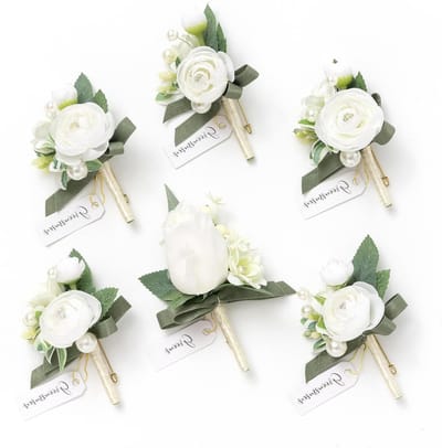 Knopbloemen Set - Corsages Mannen - Bruiloft Decoratie - Realistische Details - 6.8 x 12 cm - Wit