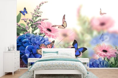 Behang - Fotobehang Vlinders - Bloemen - Hortensia - Insecten - Breedte 525 cm x hoogte 350 cm