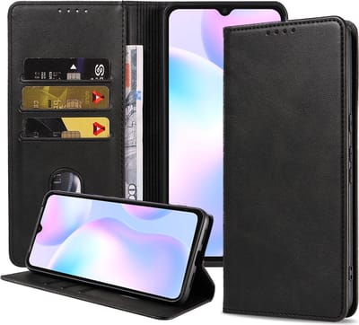 Smartphonica Telefoonhoesje geschikt voor Xiaomi Redmi 9A / 9AT kunstleren Hoesje met Magnetische sluiting en Pasjeshouders Book Case met Klepje - Zwart geschikt voor Xiaomi Redmi 9A;Xiaomi Redmi 9AT