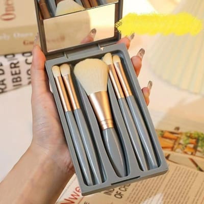 Set de 5 pinceaux de maquillage avec miroir, boîte portable, pinceau fard à paupières, pinceau poudre libre, mini multifonction, set complet de pinceaux de beauté bleu