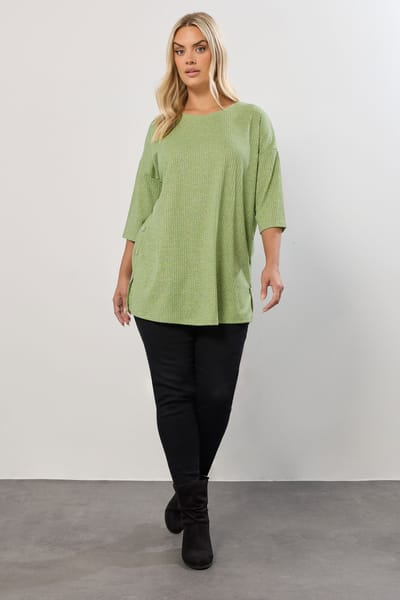 Yours Groene Geribbelde Top Met Knoopjes Aan De Zijkant Size 50-52