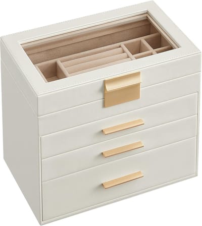 Famanu sieradendoos, juwelendoos met 4 niveaus, juwelendoos met glazen deksel, 3 laden, voor zonnebrillen, grote juwelen, opbergen van juwelen, modern, gewolkt wit JBC161W01