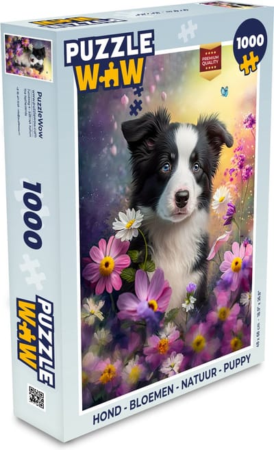Puzzel Hond - Bloemen - Natuur - Puppy - Bordercollie - Legpuzzel - Puzzel 1000 stukjes volwassenen