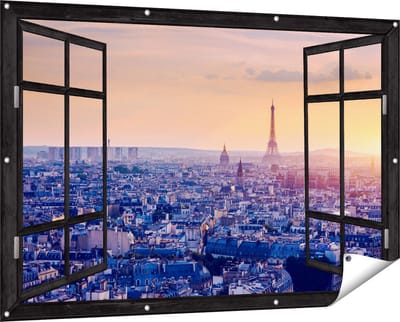 Gards Tuinposter Doorkijk Skyline van Parijs tijdens Zonsondergang - 150x100 cm - Tuindoek - Tuindecoratie - Wanddecoratie buiten - Tuinschilderij