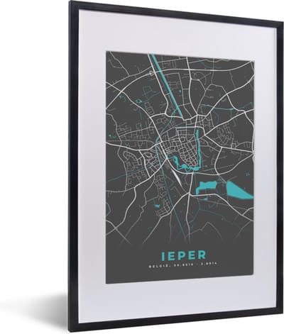 Fotolijst incl. Poster - Plattegrond – Ieper – Blauw – Stadskaart - Kaart - België - 30x40 cm - Posterlijst