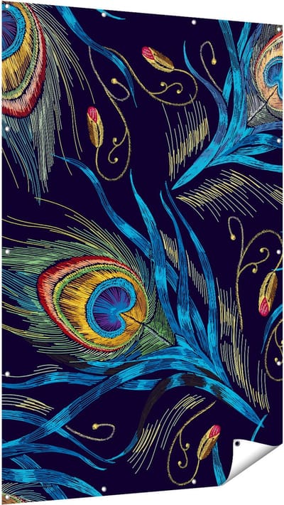 Gards Tuinposter Getekende Pauw Veren Achtergrond - 120x180 cm - Tuindoek - Tuindecoratie - Wanddecoratie buiten - Tuinschilderij