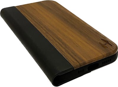 Houten design flip case, iPhone 13 mini – Noten met zwart leer