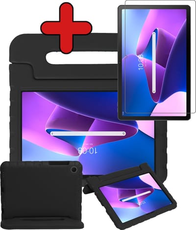 Hoesje - Geschikt voor Lenovo Tab M10 Plus (3e / 3rd Generatie) - Met Screenprotector - Kinderhoes - Shockproof Bumper - Kidsproof Case - Tablethoes - Kinder Hoes Cover - Zwart