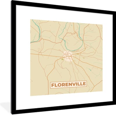 Fotolijst incl. Poster - Florenville - Stadskaart - Vintage - Kaart - Plattegrond - 40x40 cm - Posterlijst