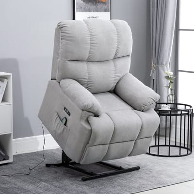 OKWISH Massagestoel – Elektrische Sta-op Functie, Verstelbare Relaxfauteuil Met Warmte, USB En Afstandsbediening – Woonkamer – Polyester – Grijs
