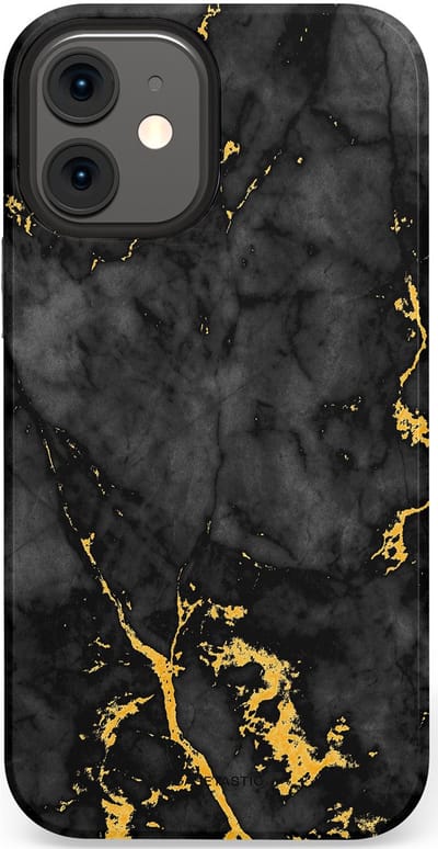 Casetastic hoesje geschikt voor Apple iPhone 12 Mini - Dubbellaagse bescherming - Zwarte Marmer Goud - Fashion Case - Zwart Goud