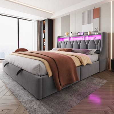 DESMIU Gestoffeerd Bed 180x200 cm - Opbergbed Met Omklapbaar Hoofdbord, Led, Stopcontact, Usb En Hydraulische Opbergruimte - Fluweel - Grijs - Zonder Matras