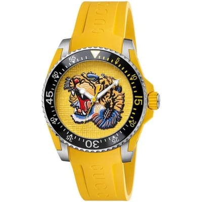 Gucci YA136317 Duik Horloge met Borduurwerk Tijger Gele Wijzerplaat Heren 40mm geel