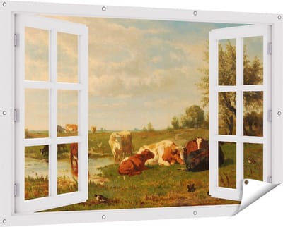 Gards Tuinposter Doorkijk Koeien in de Weide - Gerard Bilders - 150x100 cm - Tuindoek - Tuindecoratie - Wanddecoratie buiten - Tuinschilderij
