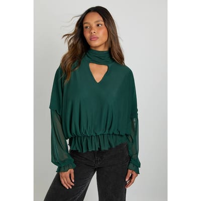 boohoo Dames V-hals mesh blouse met sjaal | Green | Maat: 6