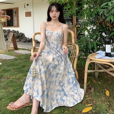 Frans Blauw Olieverf Lange Rok Strandrok Bloemen Jurk met Spaghettibandjes Vrouwelijk Zomer Feeachtig Temperament High-end XL white