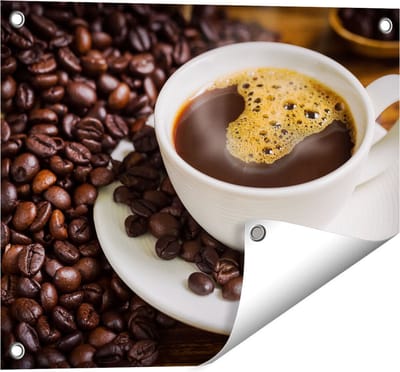 Gards Tuinposter Kopje Koffie met Koffiebonen - 50x40 cm - Tuindoek - Tuindecoratie - Wanddecoratie buiten - Tuinschilderij