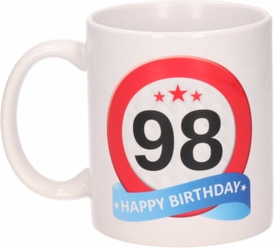 Beallatio Decorations - 98 jaar Verjaardag koffiemok - cadeau beker - stopbord print met happy birthday - 300 ml - keramiek - wit
