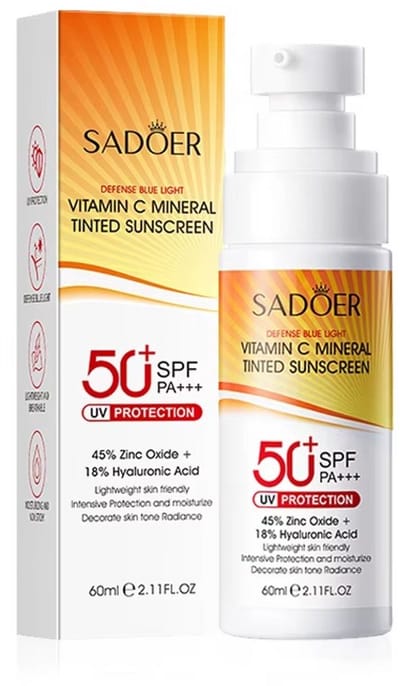 SADOER Zonnebrand Spray SPF 50+ PA+++,UVB-bescherming | Vitamine C Tinted Sunscreen | UV Bescherming Gezicht & Lichaam | Minerale Zinkoxide | Hyaluronzuur Hydraterend | Anti Aging | Waterbestendig | Zonnebrandcrème | Sunscreen Lotion | Primer Effect