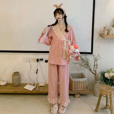 Japanse Kimono Pyjama Dames Lente Herfst Loungewear Pak Kant V-hals Lieflijke Prinses Bovenkleding Huiskleding 2-delige Set 2XL