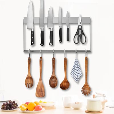 Thijox - Magnetische Messenhouder 40 cm van Roestvrij Staal met 6 Haken - Eenvoudige Montage, Extra Sterke Magneet voor Messen en Keukengerei