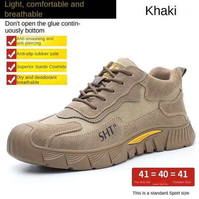 Chaussures pour hommes d'assurance travail Été Maille respirante Chaussures décontractées de sport Construction fine Anti-écrasement et Anti-perforation 46 beige