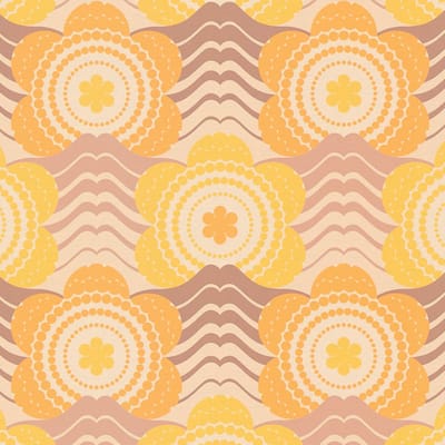 Retro behang Profhome 395395-GU vliesbehang hardvinyl warmdruk in reliëf licht gestructureerd met bloemen patroon mat geel pasteloranje beigebruin 4,5 m2