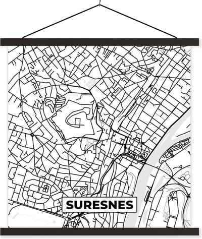 Posterhanger incl. Poster 60x60 cm - Schoolplaat - Frankrijk – Plattegrond – Stadskaart – Suresnes - Kaart - Zwart wit - Textielposter - Zwarte latten - Stadskaart