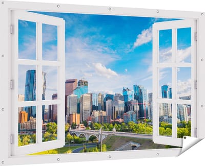 Gards Tuinposter Doorkijk Skyline Calgary Stad in Canada - 180x120 cm - Tuindoek - Tuindecoratie - Wanddecoratie buiten - Tuinschilderij